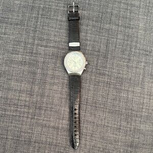Anne Klein Silver-Tone Watch with Black Croc-Embossed Strap